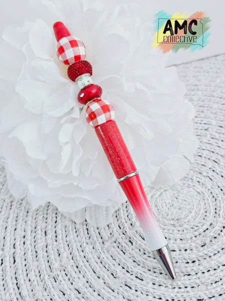 Beaded Pen - Red and White Plaid