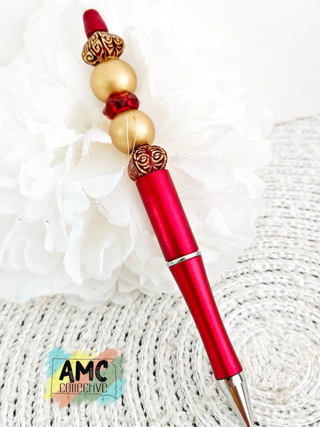 Beaded Pen - Red and Gold